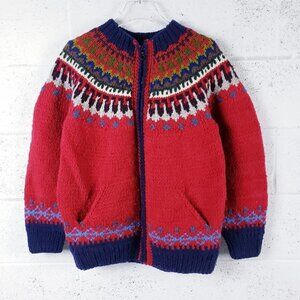 Vintage Handmade Equador Knit Wool Ethnic Fair Isle lcelandic Ski Apres Cardigan